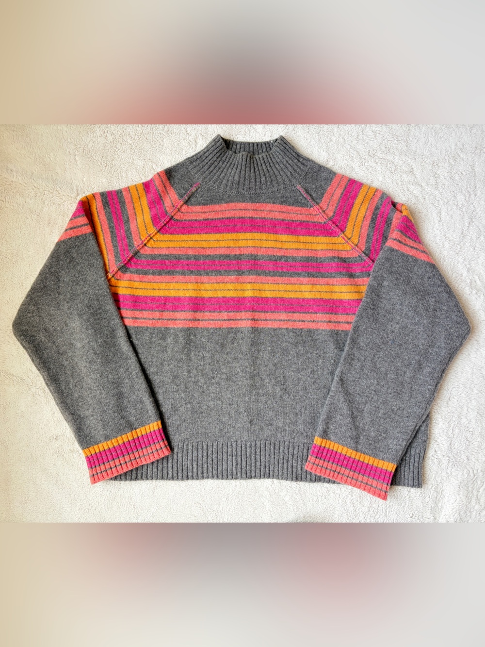 Collaboration Cashmere Gray Pullover Sweater With Pink and Orange Women Small